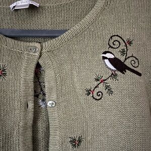 Christopher & Banks Olive Cardigan with Bird Embroidery